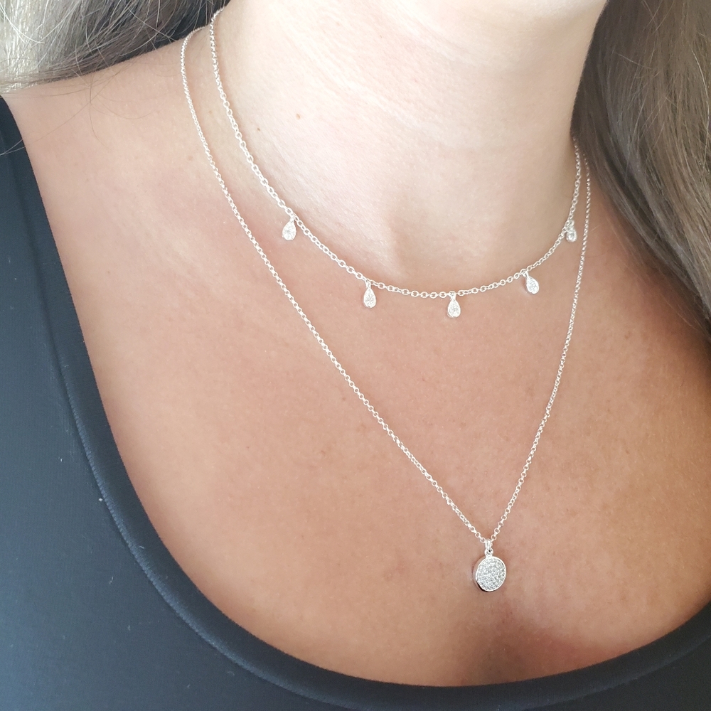 Sterling Silver Necklace w/Disk Pave & Teardrop CZ